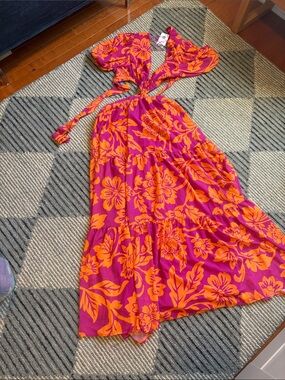 Fuchsia & Orange Tropical Maxi Dress - Tie Detail